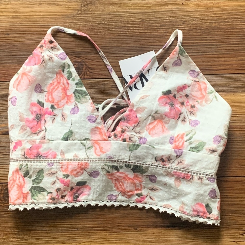 Zara Floral Crisscross Cropped Tie Back crop corset Sz M Wmns NWT - Picture 4 of 9